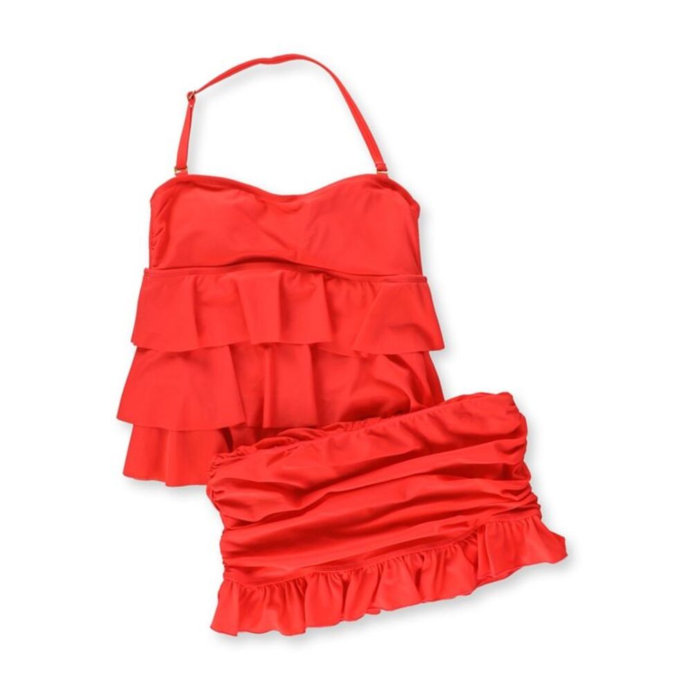 Island Escape Womens Tiered Ruffle Skirt 2 Piece Bikini, Orange, 8, MP